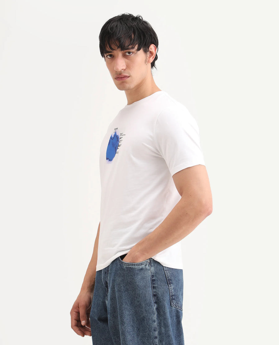 Rare Rabbit Men's Nes White Cotton Blend Fabric Half Sleeve Crew Neck Regular Fit Graphic Print T-Shirt