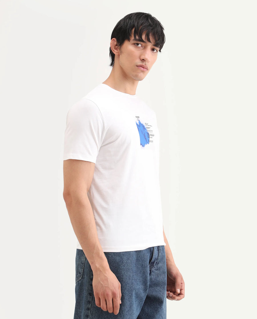 Rare Rabbit Men's Nes White Cotton Blend Fabric Half Sleeve Crew Neck Regular Fit Graphic Print T-Shirt