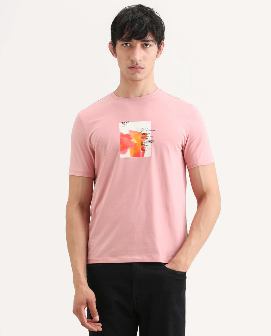 Rare Rabbit Men's Nes Pink Cotton Blend Fabric Half Sleeve Crew Neck Regular Fit Graphic Print T-Shirt