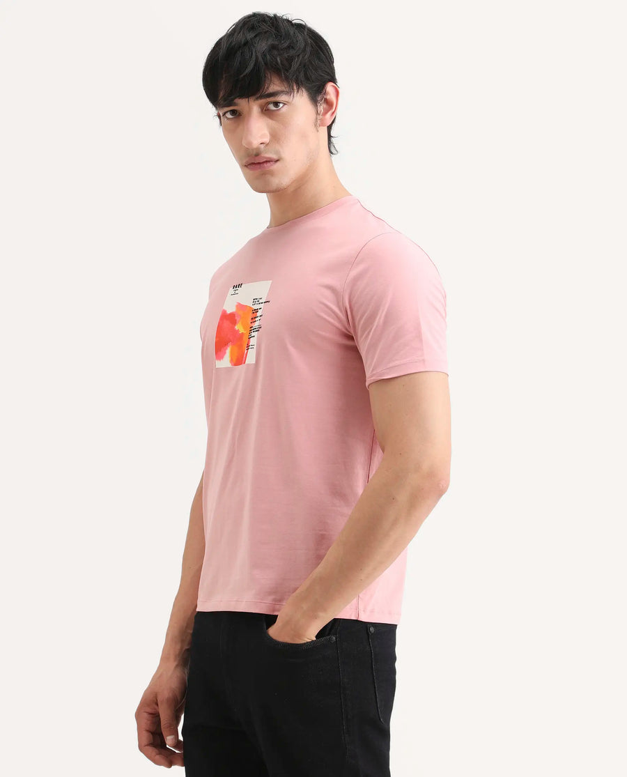 Rare Rabbit Men's Nes Pink Cotton Blend Fabric Half Sleeve Crew Neck Regular Fit Graphic Print T-Shirt