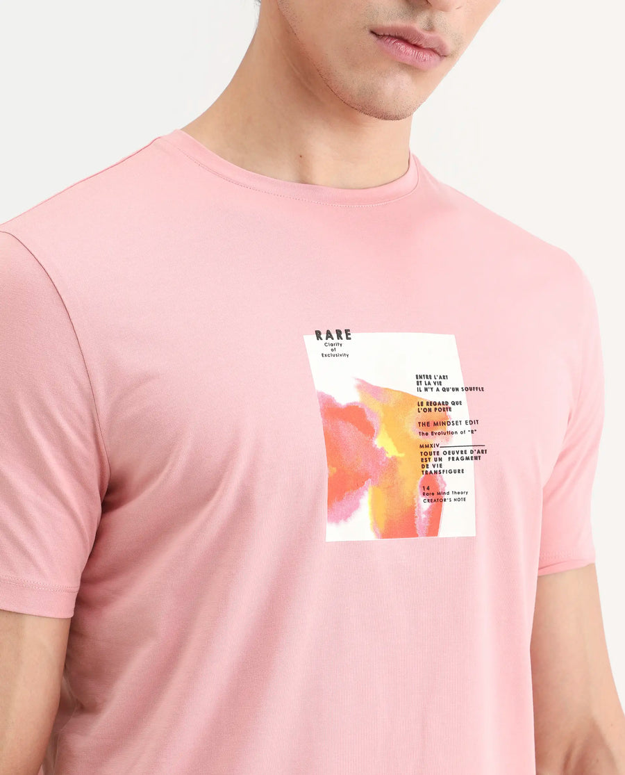 Rare Rabbit Men's Nes Pink Cotton Blend Fabric Half Sleeve Crew Neck Regular Fit Graphic Print T-Shirt