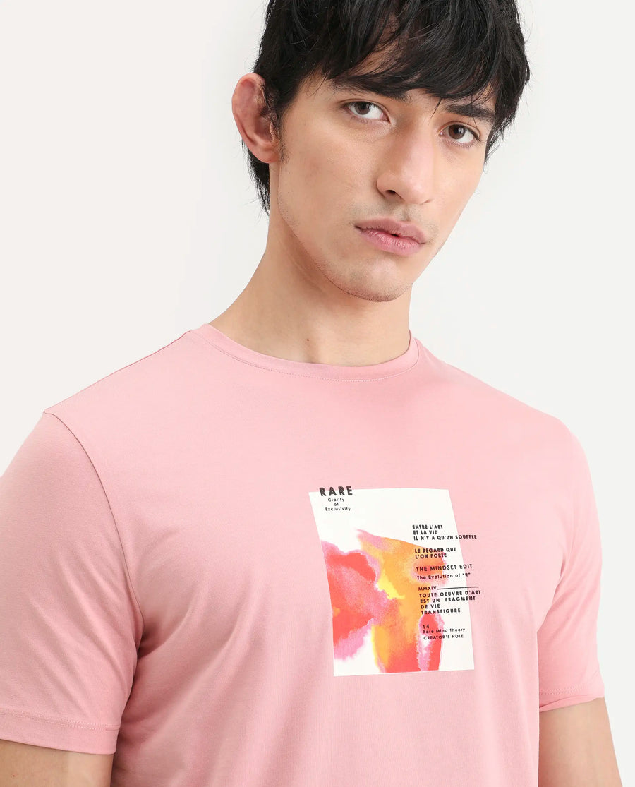 Rare Rabbit Men's Nes Pink Cotton Blend Fabric Half Sleeve Crew Neck Regular Fit Graphic Print T-Shirt