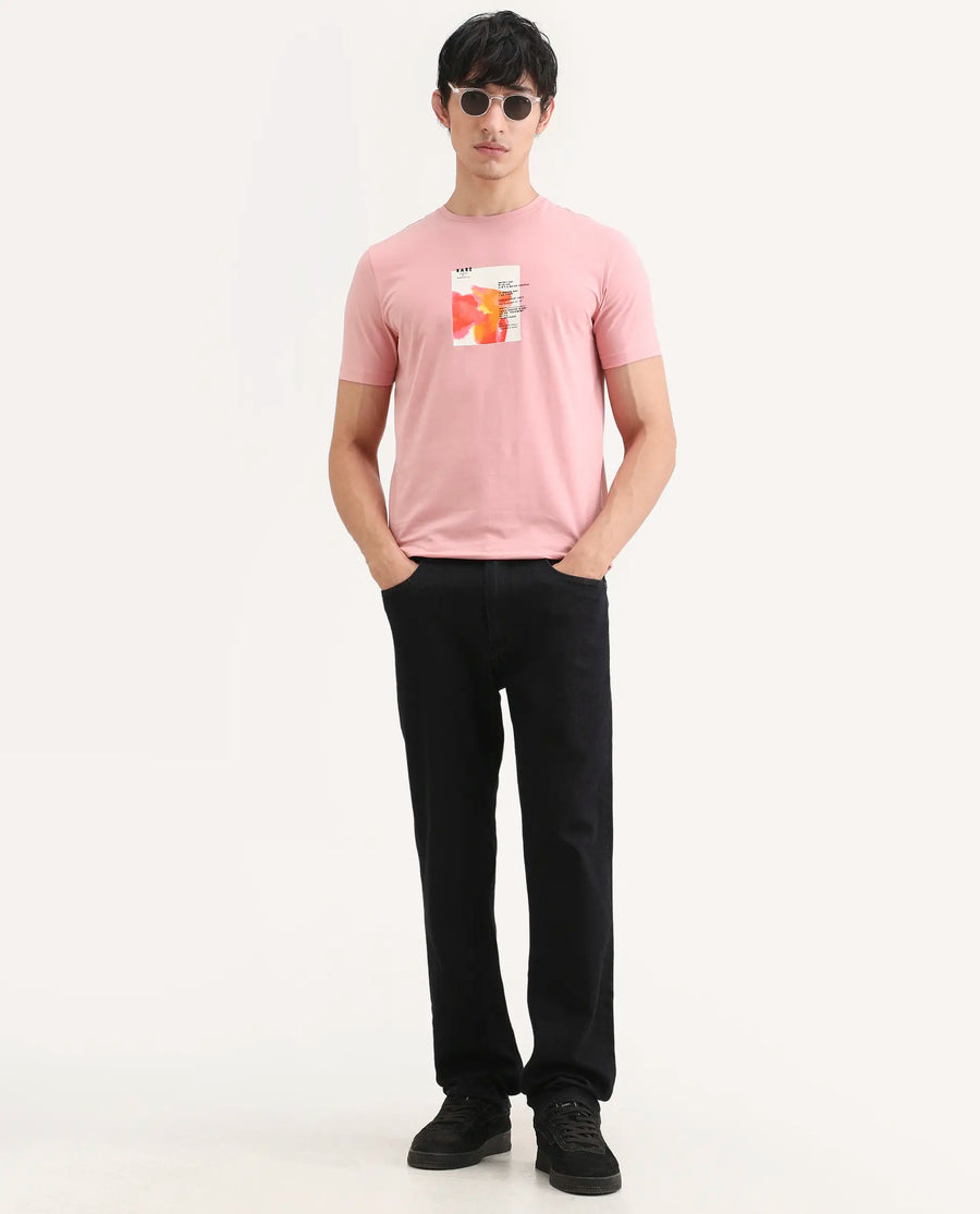 Rare Rabbit Men's Nes Pink Cotton Blend Fabric Half Sleeve Crew Neck Regular Fit Graphic Print T-Shirt
