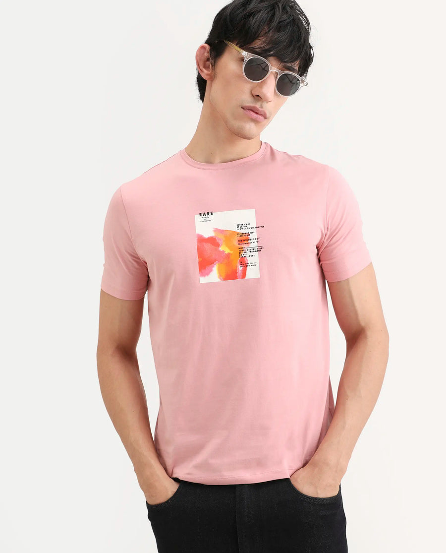 Rare Rabbit Men's Nes Pink Cotton Blend Fabric Half Sleeve Crew Neck Regular Fit Graphic Print T-Shirt