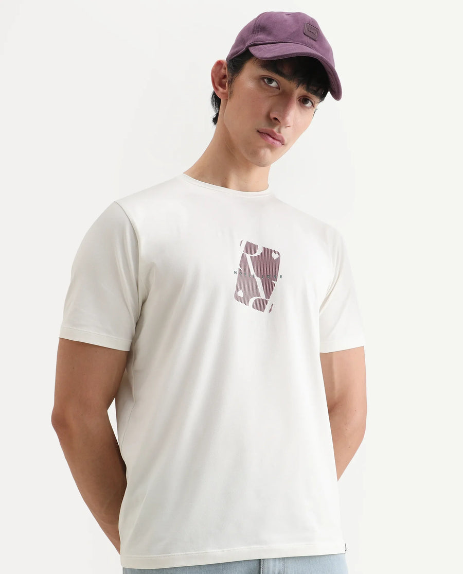Rare Rabbit Men's Nord White Cotton Blend Fabric Half Sleeve Crew Neck Regular Fit Graphic Print T-Shirt