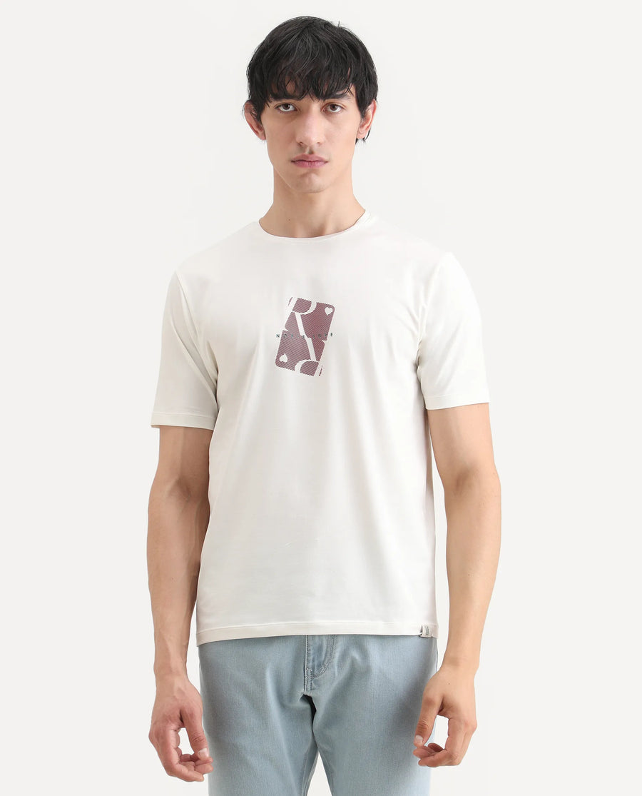 Rare Rabbit Men's Nord White Cotton Blend Fabric Half Sleeve Crew Neck Regular Fit Graphic Print T-Shirt
