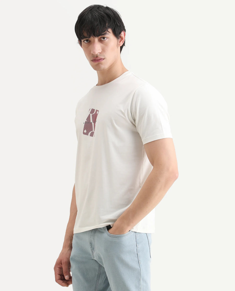 Rare Rabbit Men's Nord White Cotton Blend Fabric Half Sleeve Crew Neck Regular Fit Graphic Print T-Shirt