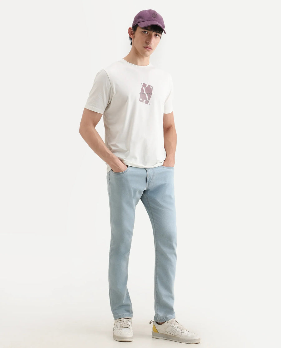 Rare Rabbit Men's Nord White Cotton Blend Fabric Half Sleeve Crew Neck Regular Fit Graphic Print T-Shirt