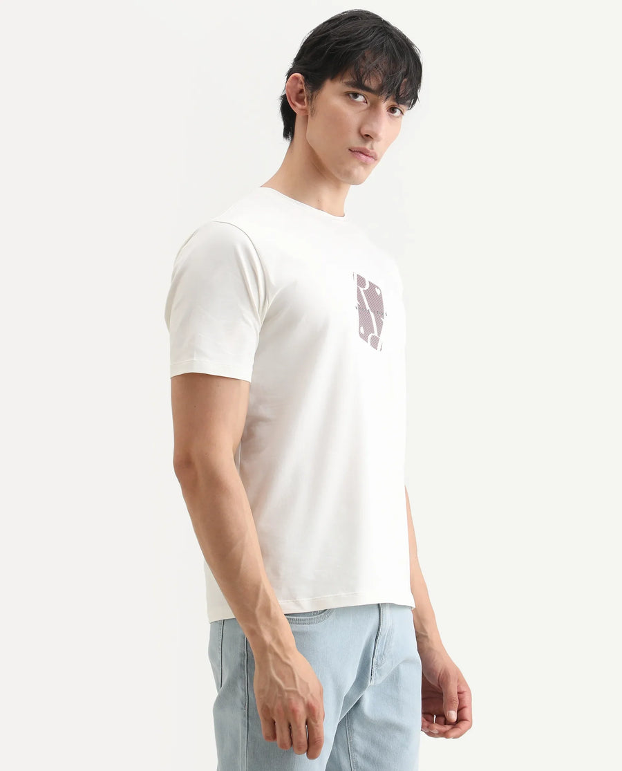 Rare Rabbit Men's Nord White Cotton Blend Fabric Half Sleeve Crew Neck Regular Fit Graphic Print T-Shirt