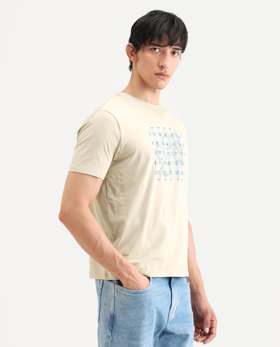 Rare Rabbit Men's Orem Light Beige Cotton Blend Fabric Half Sleeve Crew Neck Regular Fit Graphic Print T-Shirt