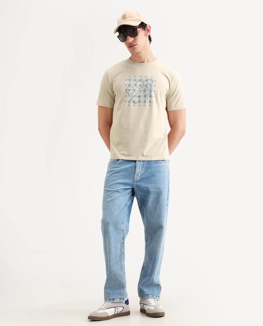 Rare Rabbit Men's Orem Light Beige Cotton Blend Fabric Half Sleeve Crew Neck Regular Fit Graphic Print T-Shirt