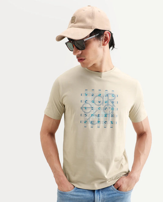 Rare Rabbit Men's Orem Light Beige Cotton Blend Fabric Half Sleeve Crew Neck Regular Fit Graphic Print T-Shirt