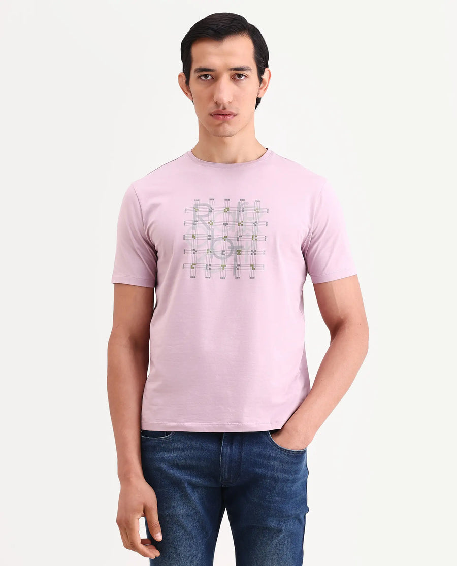 Rare Rabbit Men's Orem Pastel Pink Cotton Blend Fabric Half Sleeve Crew Neck Regular Fit Graphic Print T-Shirt