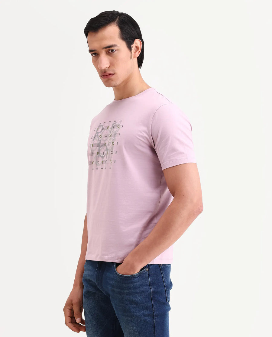 Rare Rabbit Men's Orem Pastel Pink Cotton Blend Fabric Half Sleeve Crew Neck Regular Fit Graphic Print T-Shirt