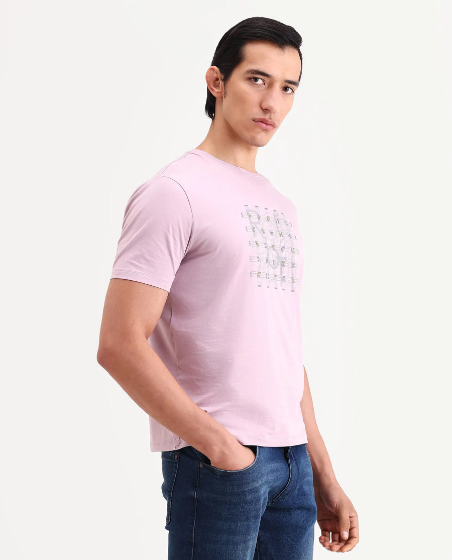 Rare Rabbit Men's Orem Pastel Pink Cotton Blend Fabric Half Sleeve Crew Neck Regular Fit Graphic Print T-Shirt