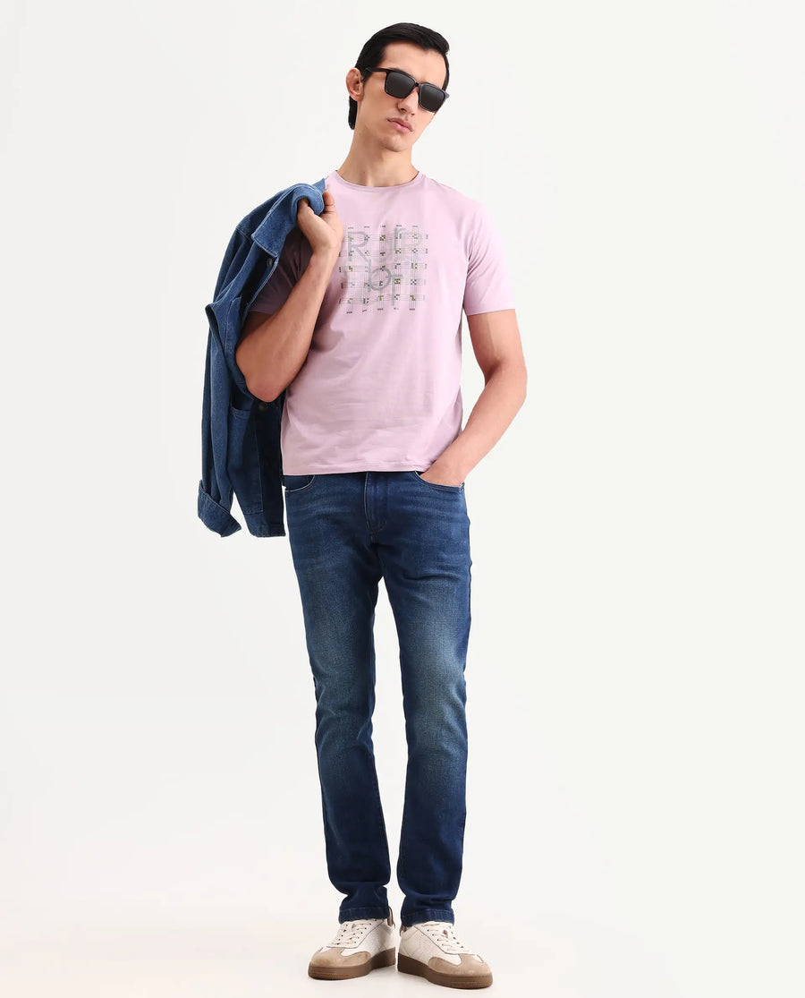 Rare Rabbit Men's Orem Pastel Pink Cotton Blend Fabric Half Sleeve Crew Neck Regular Fit Graphic Print T-Shirt