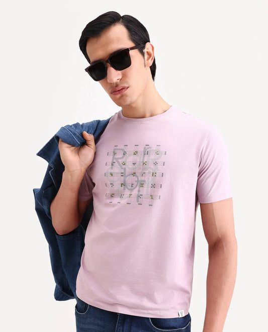 Rare Rabbit Men's Orem Pastel Pink Cotton Blend Fabric Half Sleeve Crew Neck Regular Fit Graphic Print T-Shirt