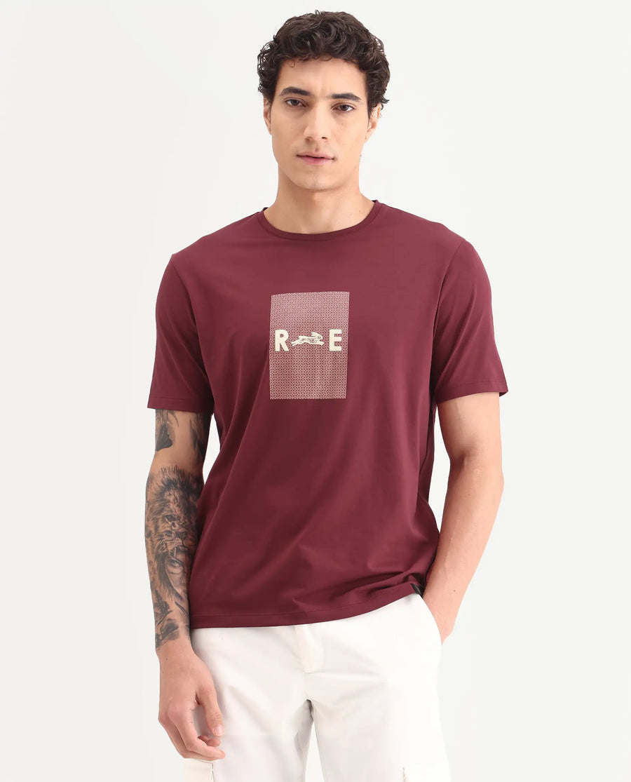Rare Rabbit Men's Outi Dark Red Cotton Blend Fabric Half Sleeve Crew Neck Regular Fit Graphic Print T-Shirt