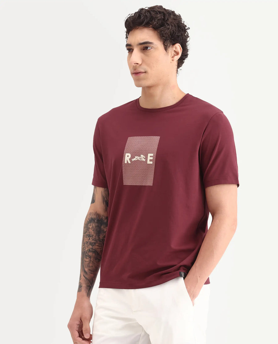 Rare Rabbit Men's Outi Dark Red Cotton Blend Fabric Half Sleeve Crew Neck Regular Fit Graphic Print T-Shirt
