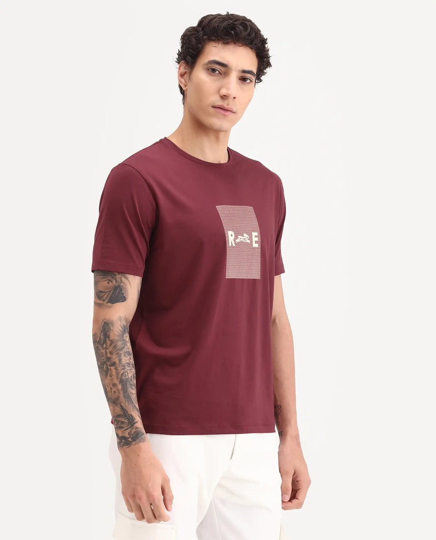Rare Rabbit Men's Outi Dark Red Cotton Blend Fabric Half Sleeve Crew Neck Regular Fit Graphic Print T-Shirt