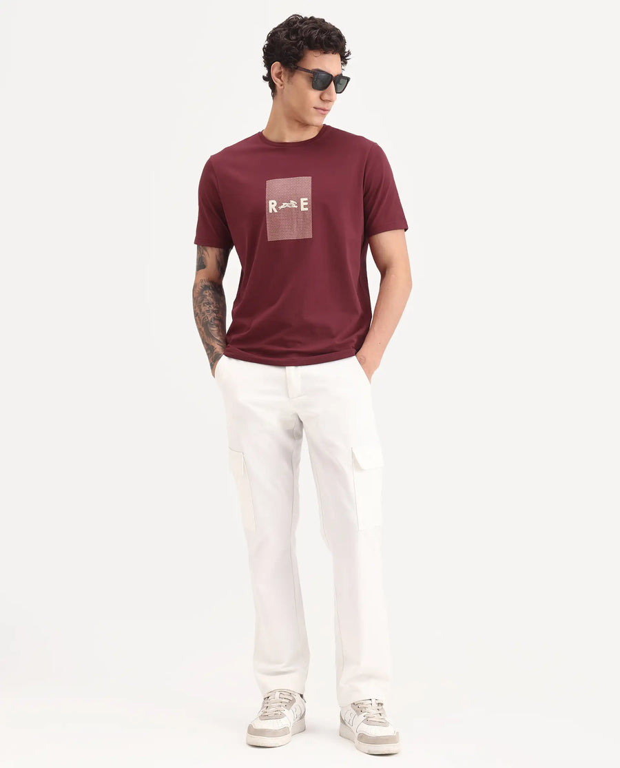 Rare Rabbit Men's Outi Dark Red Cotton Blend Fabric Half Sleeve Crew Neck Regular Fit Graphic Print T-Shirt