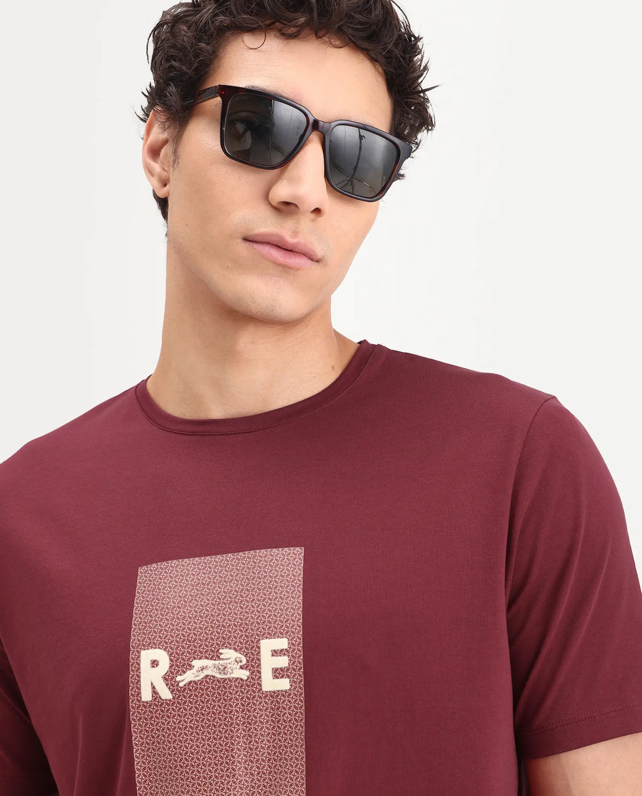 Rare Rabbit Men's Outi Dark Red Cotton Blend Fabric Half Sleeve Crew Neck Regular Fit Graphic Print T-Shirt