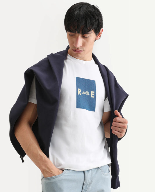 Rare Rabbit Men's Outi White Cotton Blend Fabric Half Sleeve Crew Neck Regular Fit Graphic Print T-Shirt