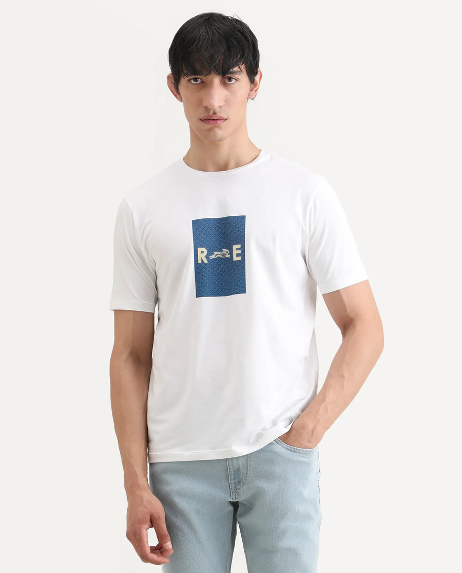 Rare Rabbit Men's Outi White Cotton Blend Fabric Half Sleeve Crew Neck Regular Fit Graphic Print T-Shirt