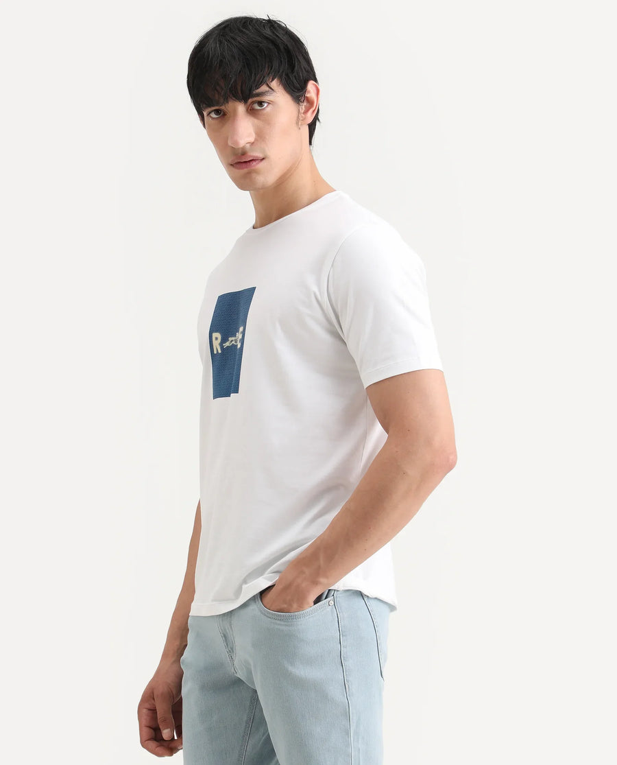 Rare Rabbit Men's Outi White Cotton Blend Fabric Half Sleeve Crew Neck Regular Fit Graphic Print T-Shirt