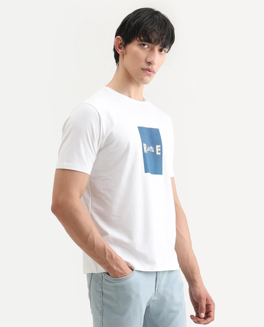 Rare Rabbit Men's Outi White Cotton Blend Fabric Half Sleeve Crew Neck Regular Fit Graphic Print T-Shirt