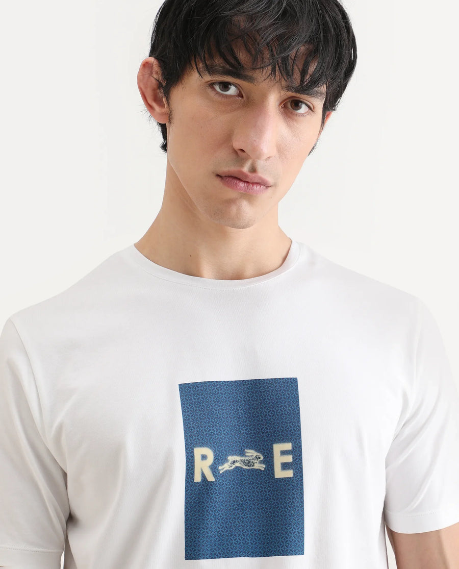 Rare Rabbit Men's Outi White Cotton Blend Fabric Half Sleeve Crew Neck Regular Fit Graphic Print T-Shirt