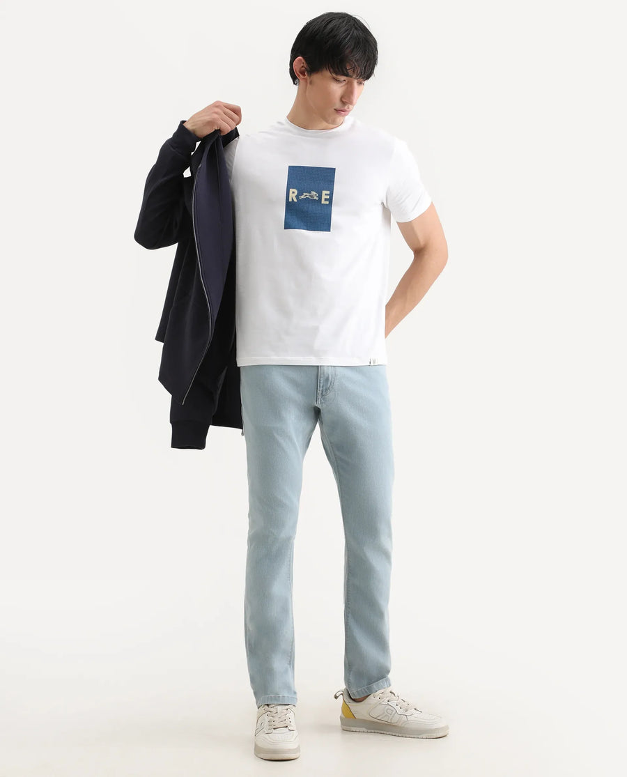 Rare Rabbit Men's Outi White Cotton Blend Fabric Half Sleeve Crew Neck Regular Fit Graphic Print T-Shirt