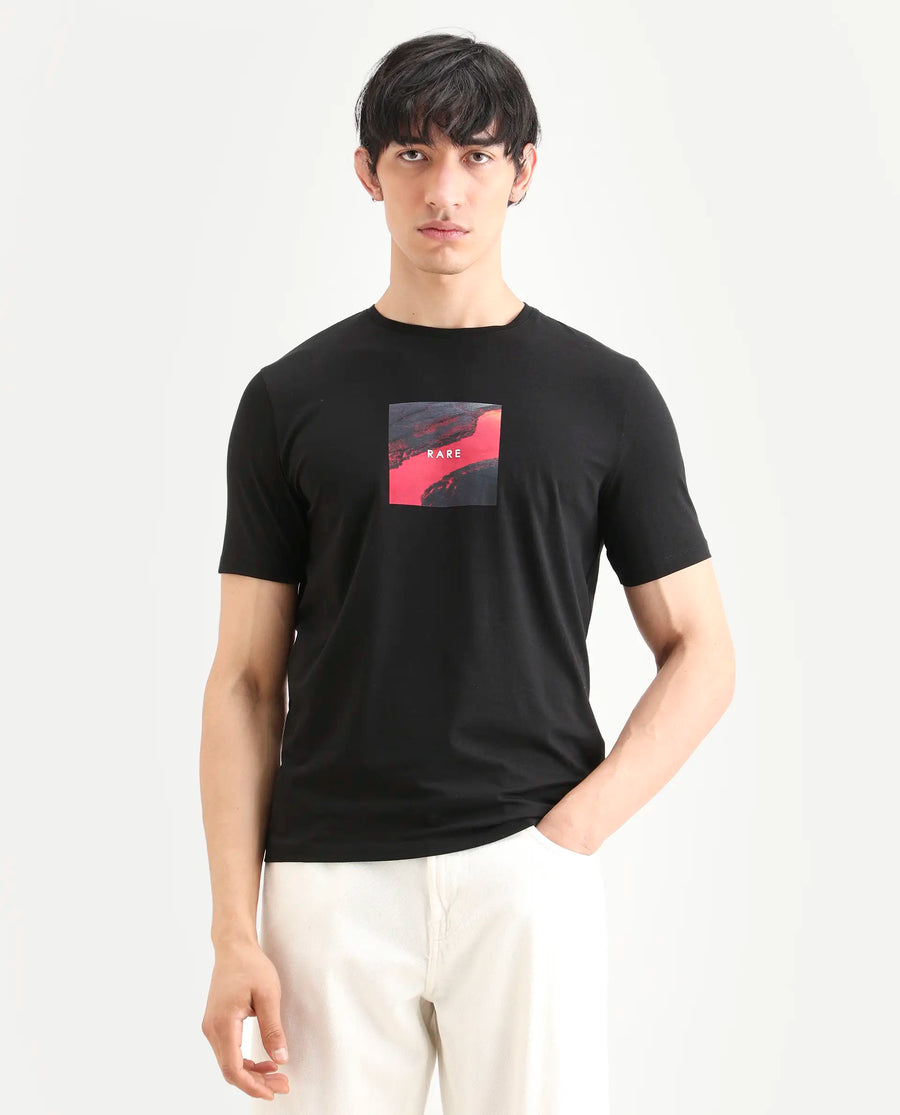 Rare Rabbit Men's Prano Black Cotton Blend Fabric Half Sleeve Crew Neck Regular Fit Graphic Print T-Shirt