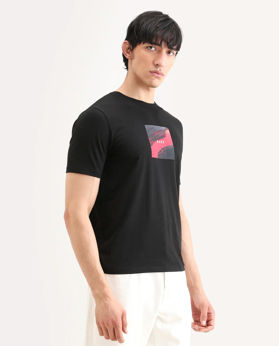 Rare Rabbit Men's Prano Black Cotton Blend Fabric Half Sleeve Crew Neck Regular Fit Graphic Print T-Shirt
