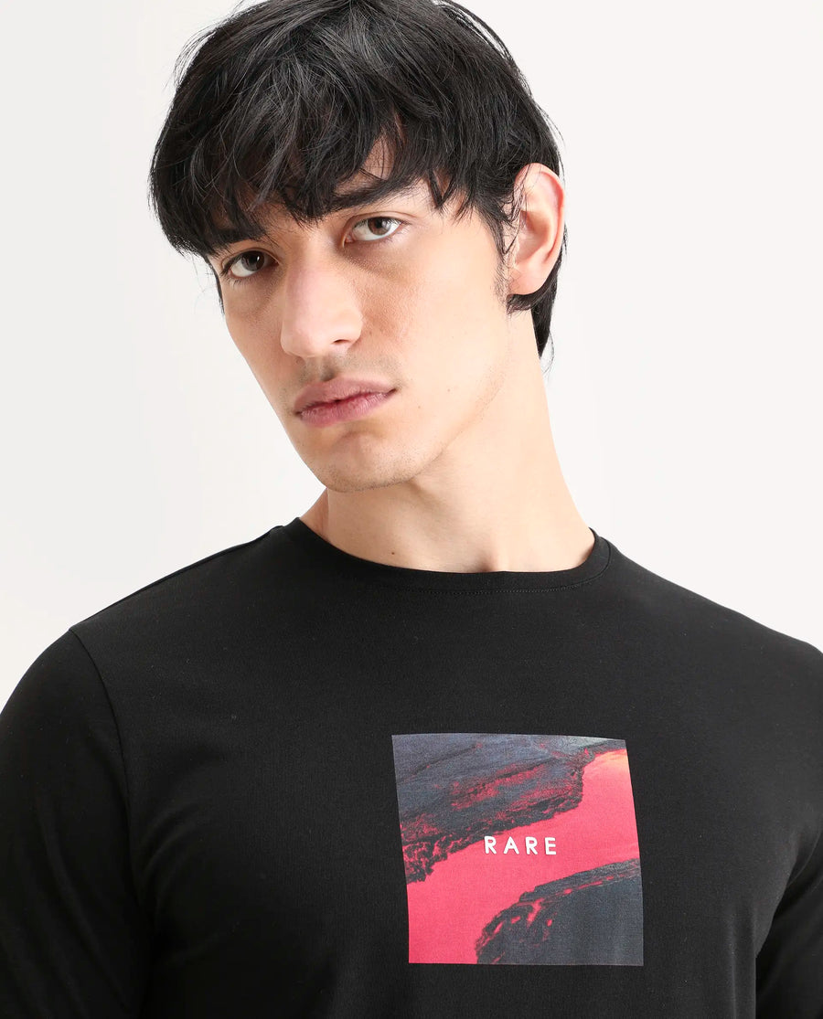Rare Rabbit Men's Prano Black Cotton Blend Fabric Half Sleeve Crew Neck Regular Fit Graphic Print T-Shirt