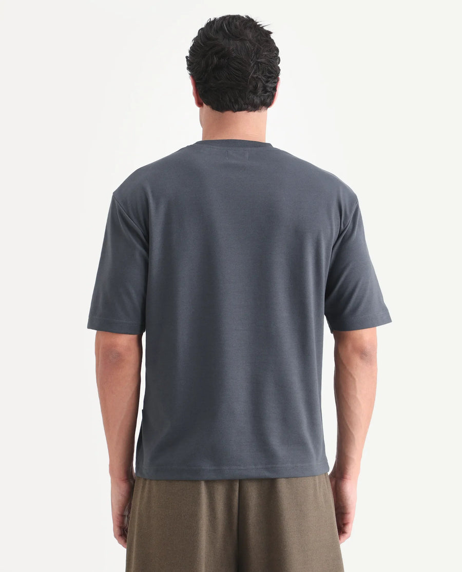 Rare Rabbit Men's Qlo-S26 Dark Grey Cotton Blend Fabric Half Sleeve Crew Neck Oversize Plain T-Shirt