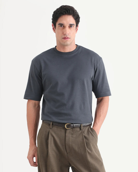 Rare Rabbit Men's Qlo-S26 Dark Grey Cotton Blend Fabric Half Sleeve Crew Neck Oversize Plain T-Shirt
