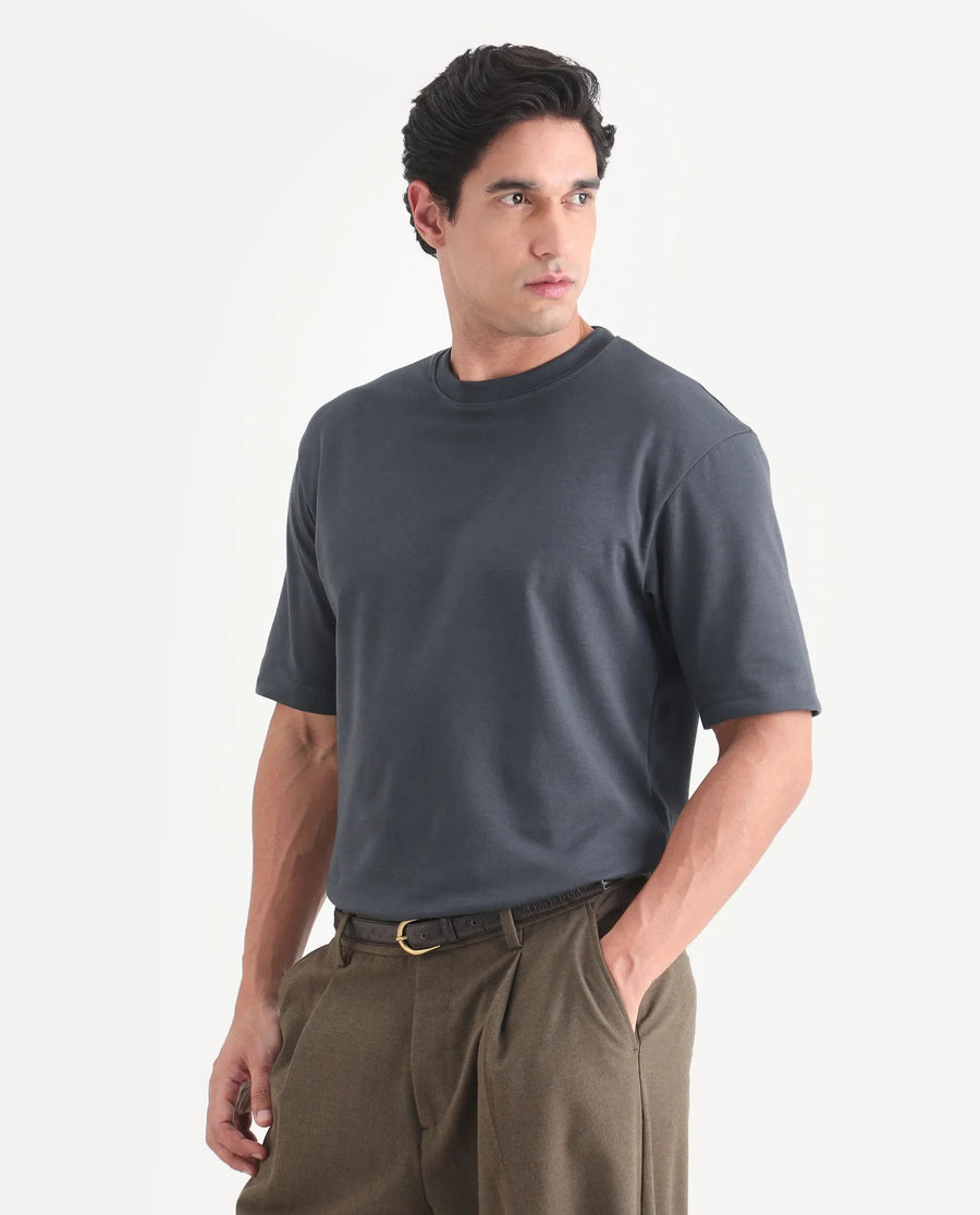 Rare Rabbit Men's Qlo-S26 Dark Grey Cotton Blend Fabric Half Sleeve Crew Neck Oversize Plain T-Shirt