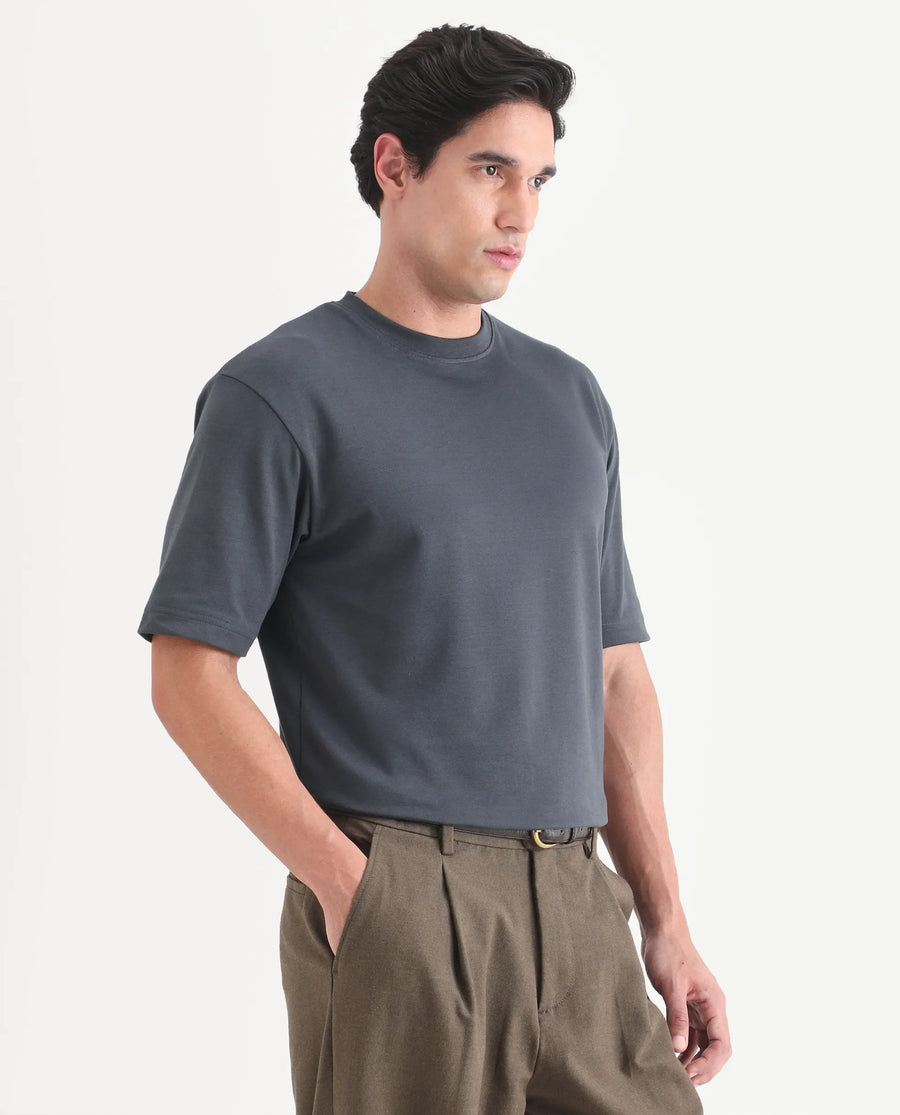 Rare Rabbit Men's Qlo-S26 Dark Grey Cotton Blend Fabric Half Sleeve Crew Neck Oversize Plain T-Shirt