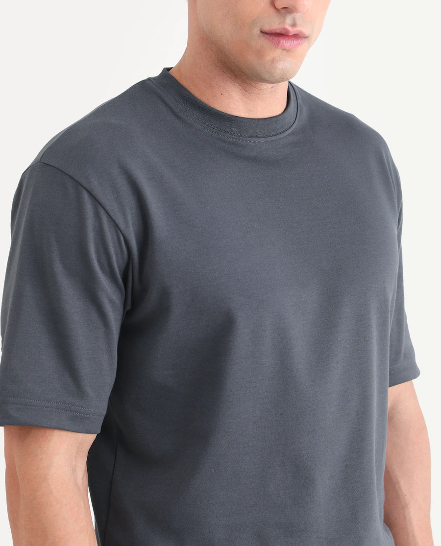 Rare Rabbit Men's Qlo-S26 Dark Grey Cotton Blend Fabric Half Sleeve Crew Neck Oversize Plain T-Shirt