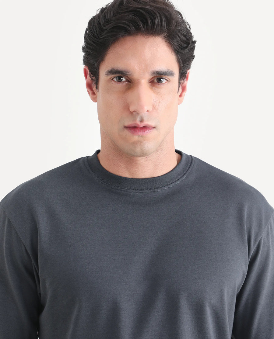 Rare Rabbit Men's Qlo-S26 Dark Grey Cotton Blend Fabric Half Sleeve Crew Neck Oversize Plain T-Shirt