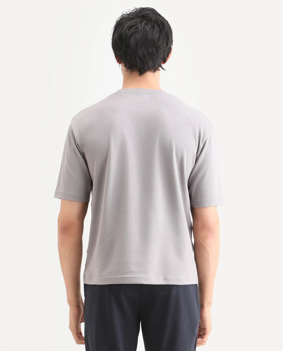 Rare Rabbit Men's Qlo-S26 Light Grey Cotton Blend Fabric Half Sleeve Crew Neck Oversize Plain T-Shirt