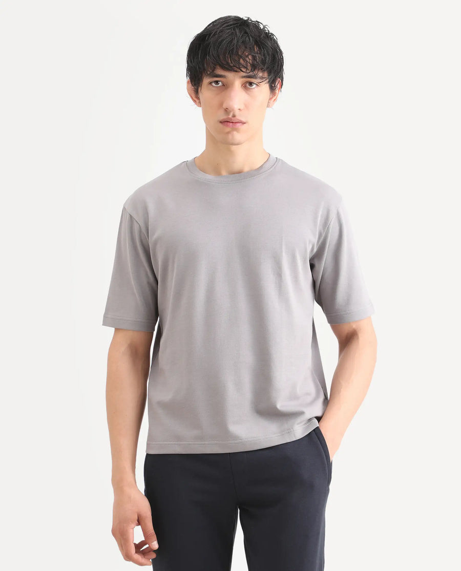 Rare Rabbit Men's Qlo-S26 Light Grey Cotton Blend Fabric Half Sleeve Crew Neck Oversize Plain T-Shirt