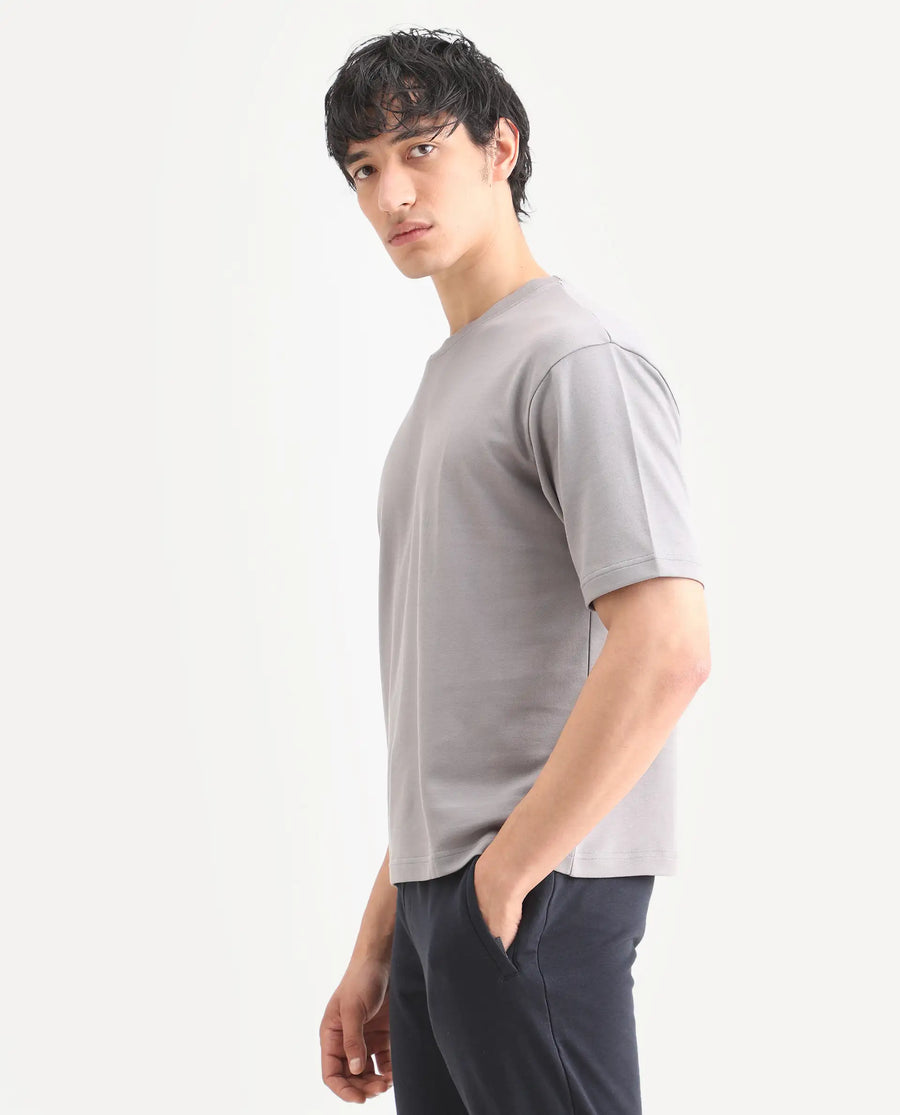 Rare Rabbit Men's Qlo-S26 Light Grey Cotton Blend Fabric Half Sleeve Crew Neck Oversize Plain T-Shirt