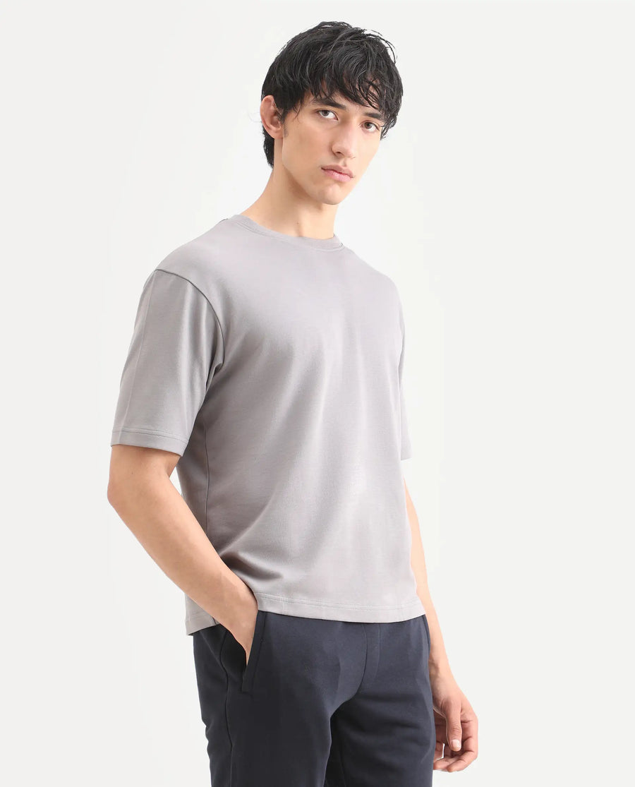 Rare Rabbit Men's Qlo-S26 Light Grey Cotton Blend Fabric Half Sleeve Crew Neck Oversize Plain T-Shirt