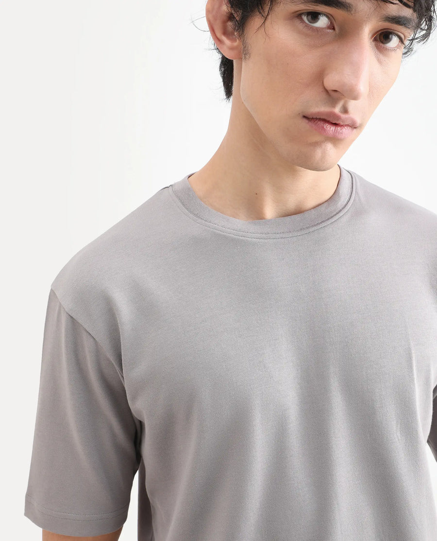 Rare Rabbit Men's Qlo-S26 Light Grey Cotton Blend Fabric Half Sleeve Crew Neck Oversize Plain T-Shirt