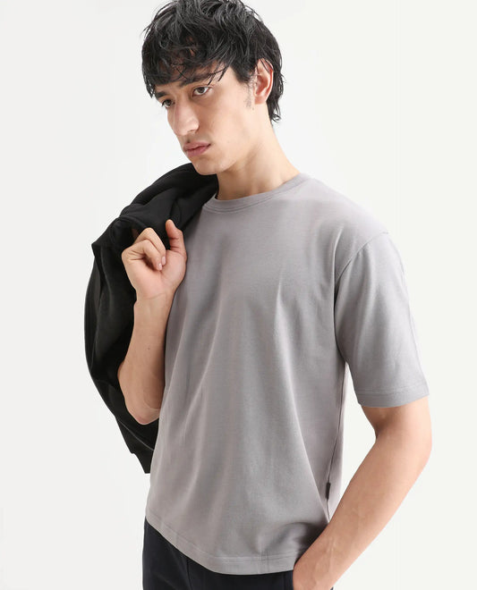 Rare Rabbit Men's Qlo-S26 Light Grey Cotton Blend Fabric Half Sleeve Crew Neck Oversize Plain T-Shirt
