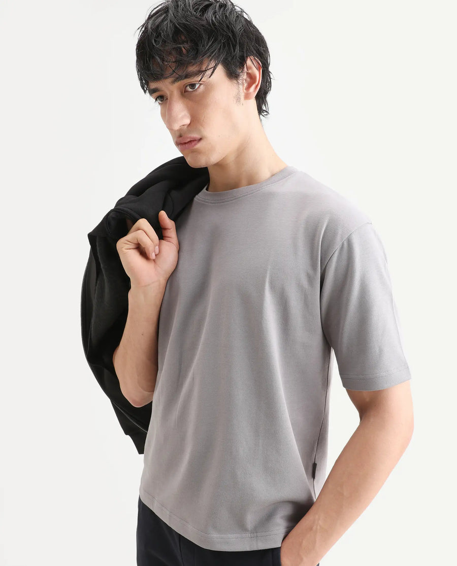 Rare Rabbit Men's Qlo-S26 Light Grey Cotton Blend Fabric Half Sleeve Crew Neck Oversize Plain T-Shirt