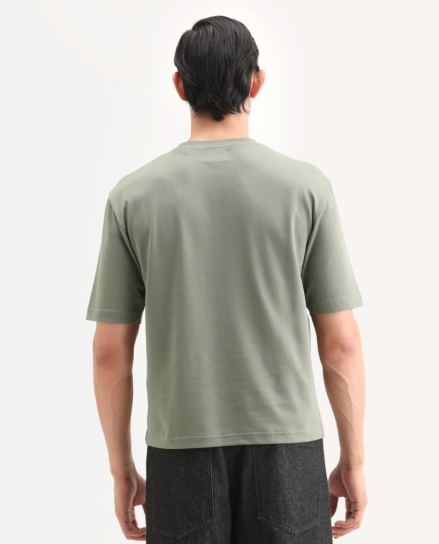 Rare Rabbit Men's Qlo-S26 Dusky Green Cotton Blend Fabric Half Sleeve Crew Neck Oversize Plain T-Shirt