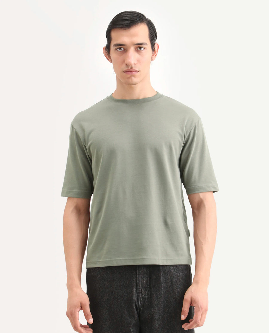 Rare Rabbit Men's Qlo-S26 Dusky Green Cotton Blend Fabric Half Sleeve Crew Neck Oversize Plain T-Shirt